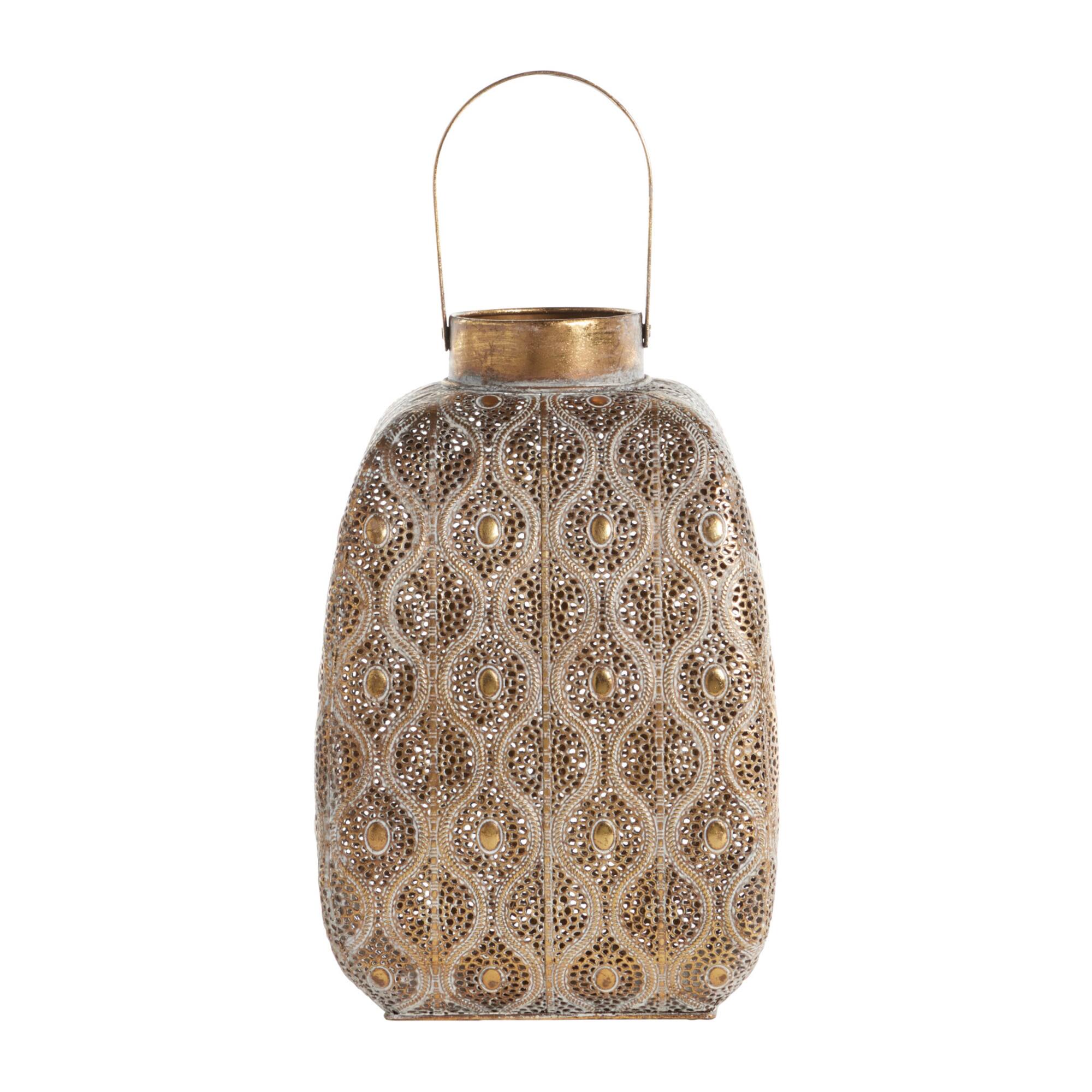 Gold Iron Eclectic Candle Holder Lantern, 21" x 11" x 11"